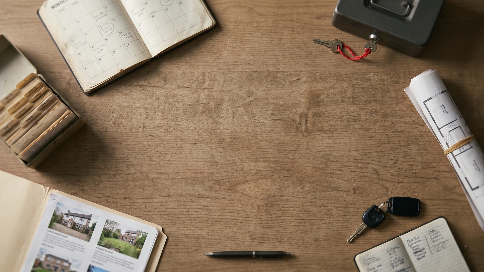 A paper month planner of showings on a wooden table, beside a card index of contacts, a lockbox with a red-tagged key, a rolled floor plan, a folder of listing sheets and a mileage notebook.